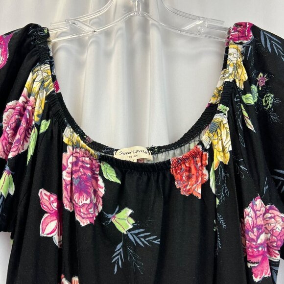 Sweet Lovely Off Shoulder Short Sleeve Floral A-Line Dress Black/Multi Medium - Picture 3 of 9